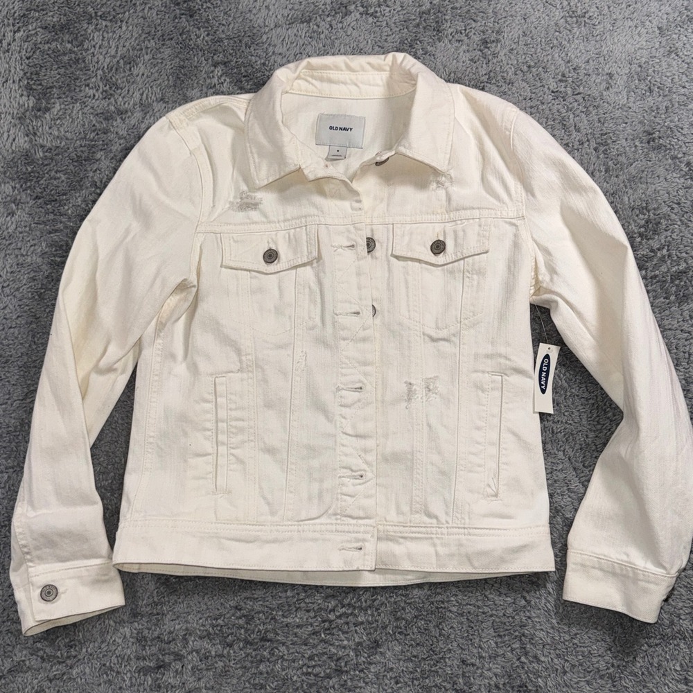 Old Navy Womens Distressed Denim Jacket Size M White Button Front Jean Coat NWT
